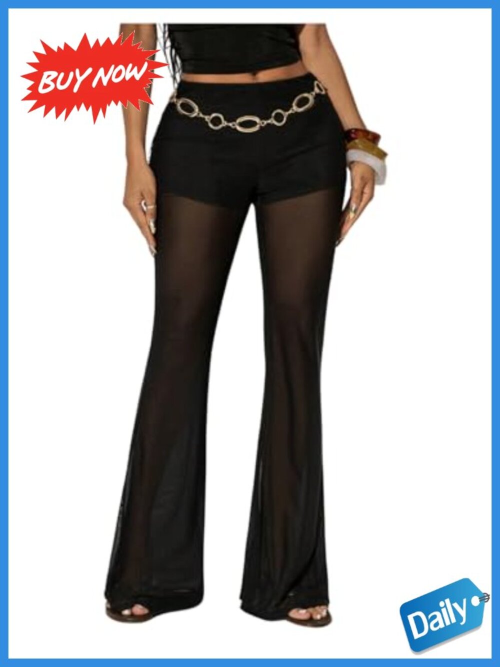 Women's Sheer Mesh Flared Bell Bottom Pants Low Rise Party Festival